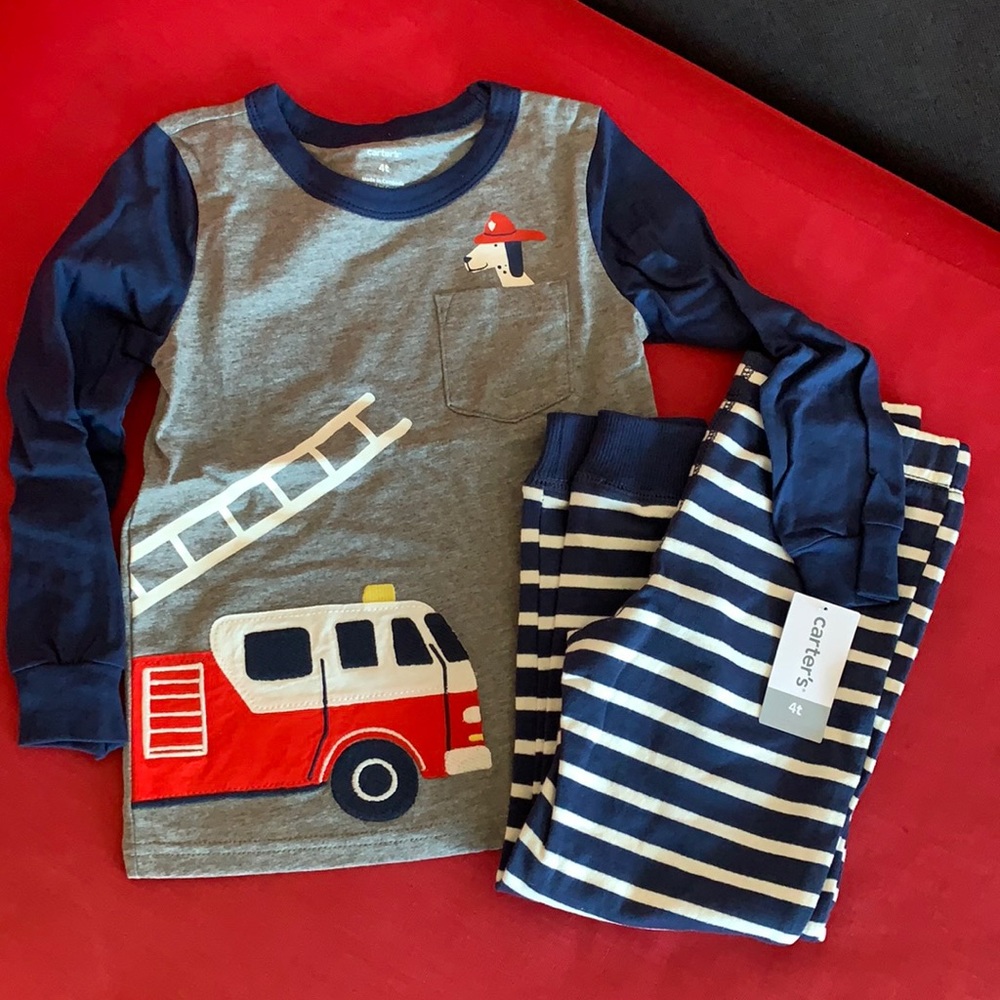 Carter’s fire truck stripe pants long sleeve shirt outfit appliqué